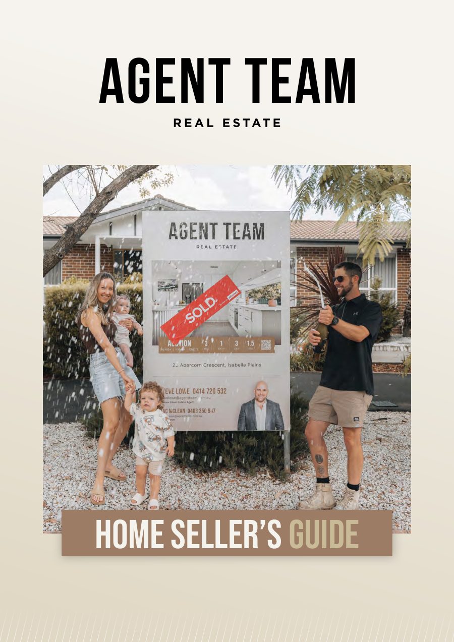 Cover of the Agent Team Home Seller's Guide, with a Canberra family celebrating beside a SOLD sign